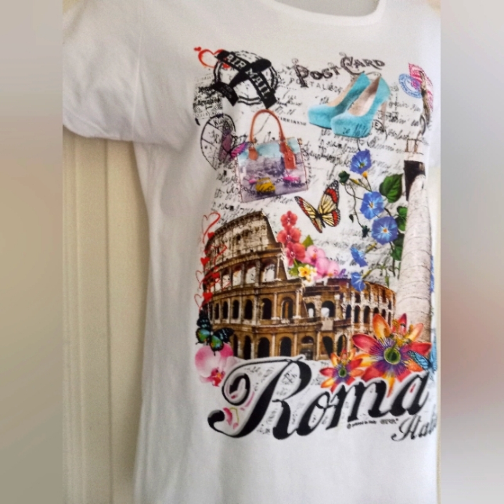 B&C COLLECTION Tee White Rome Italia Italy Graphic Short Sleeve Size Medium - Picture 3 of 14